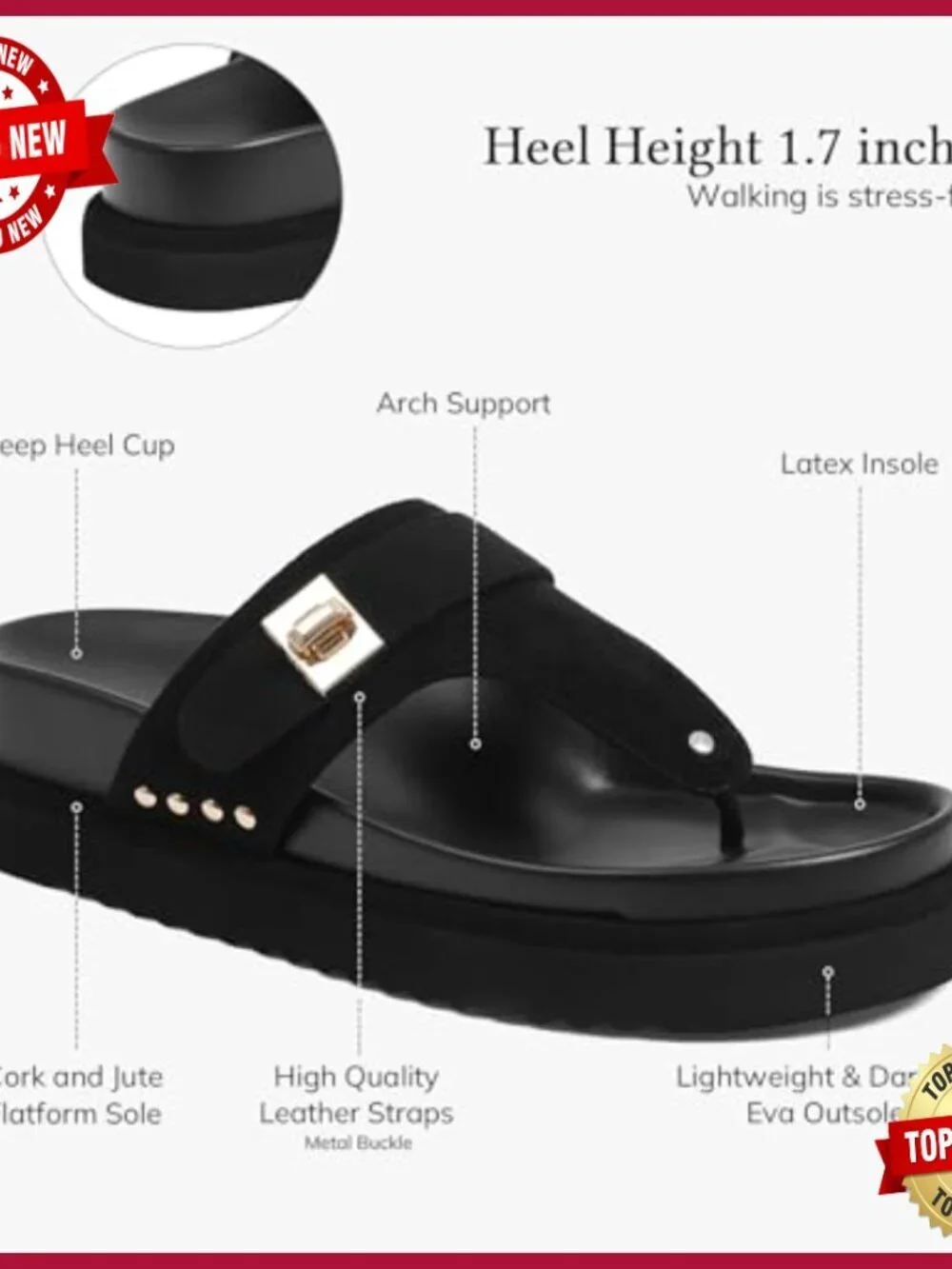 Suede Platform Flip Flops with Buckle Studded Clip Toe Arch Support